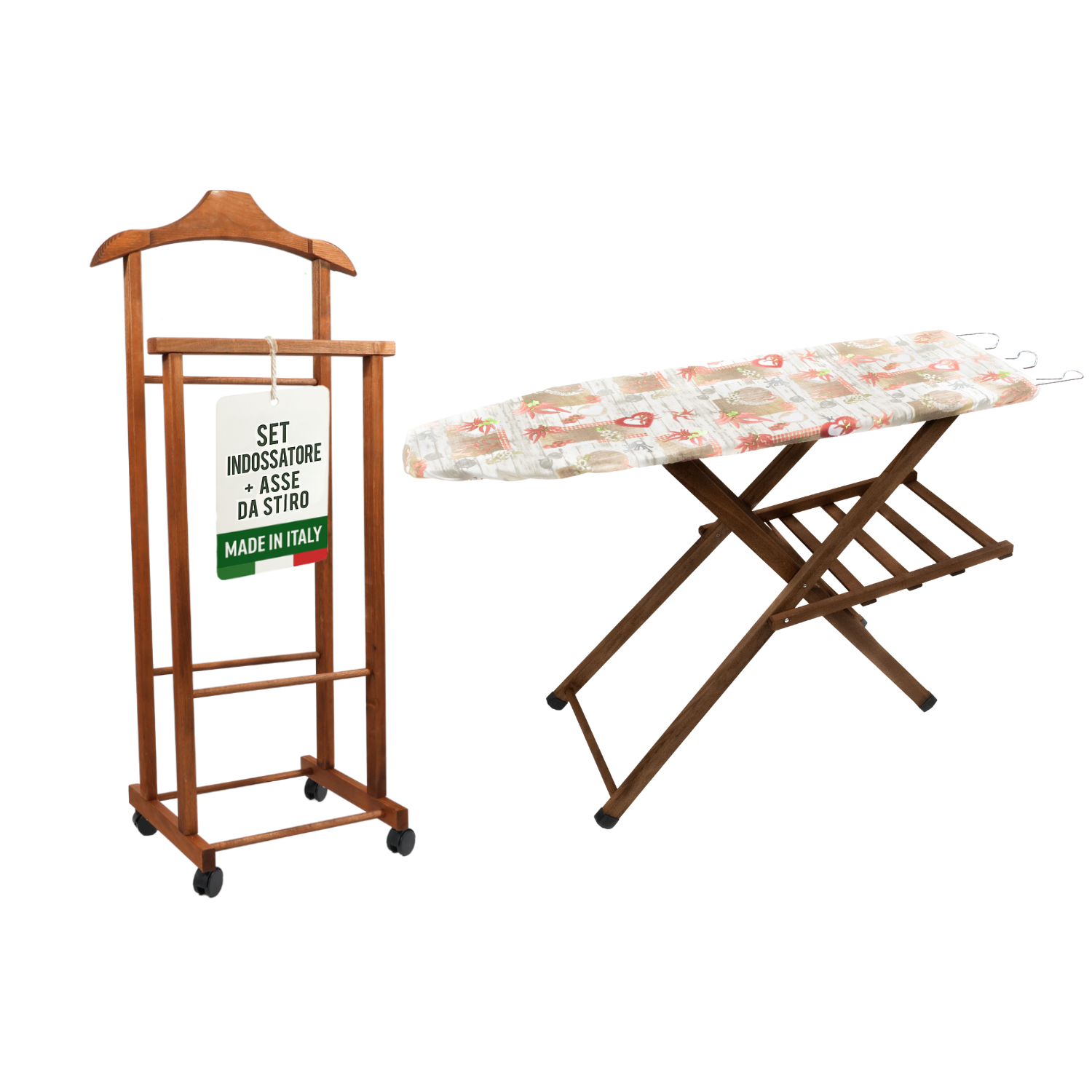 Asse da Stiro Legno Luxury Quality Porta Caldaia Faggio Con Indossatore Appendiabiti Legno Noce Salvaspazio Vestiti Rotelle Servo Muto Antiscivolo Stabile