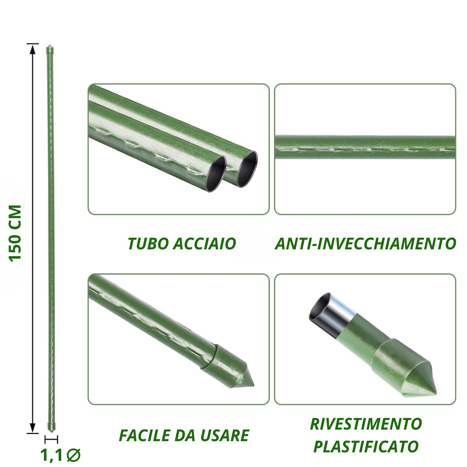 Bastoncini Supporto Piante Rampicanti Cannette Acciaio Plastificato Bastone 1,1 Ø x 150 cm Tutore Verde Giardino Orto Pomodori Melenzane