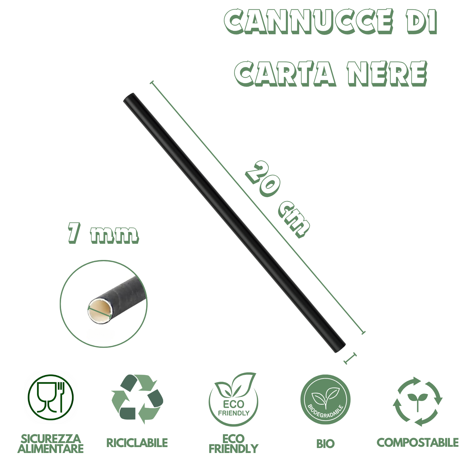 Cannucce Carta Nera Biodegradabili Compostabili Ecologiche Cannuccia Monouso Bastoncini Bevande Bibite Cocktail Caffè Compleanno Feste Casa Bar Ristoranti Eventi