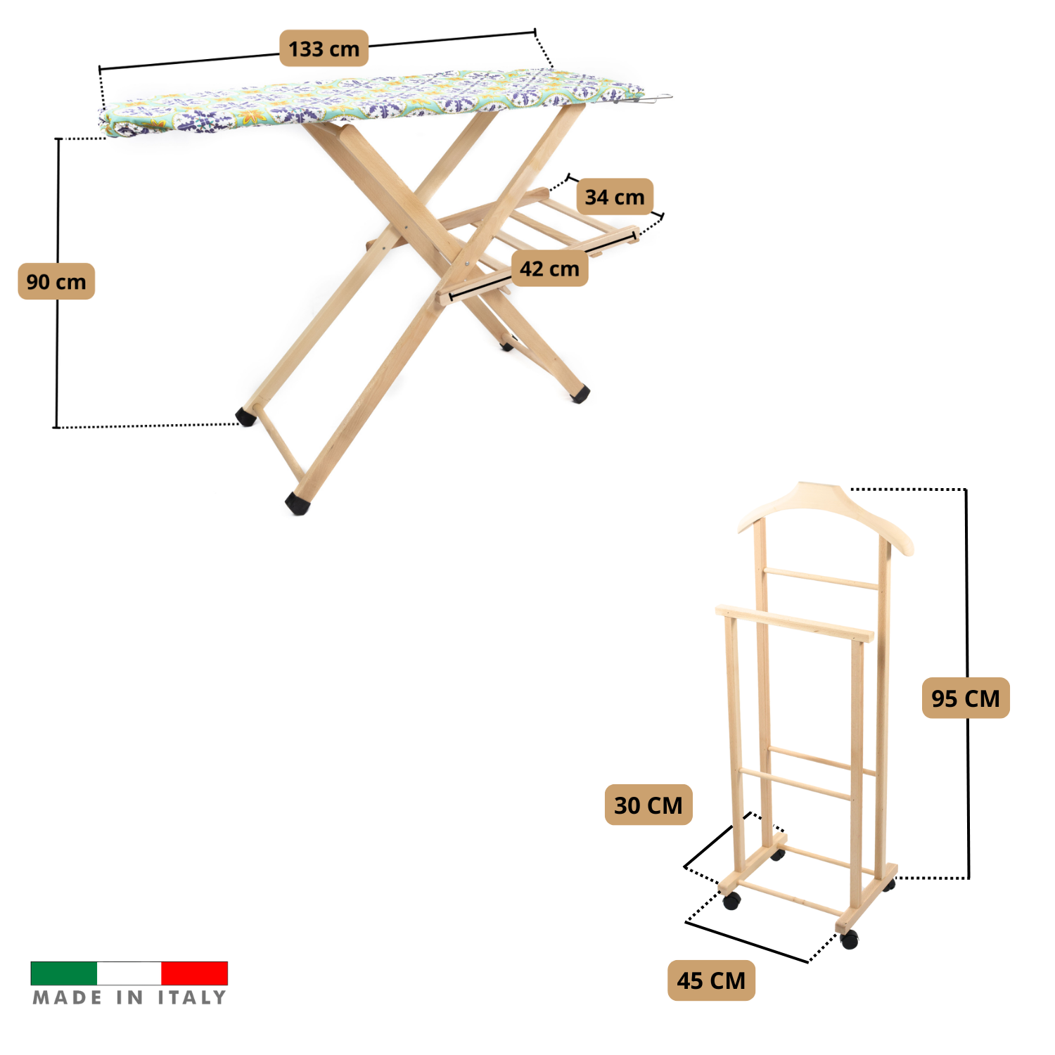 Asse da Stiro Legno Luxury Quality Porta Caldaia Faggio Con Indossatore Appendiabiti Legno Naturale Salvaspazio Vestiti Rotelle Servo Muto Antiscivolo Stabile