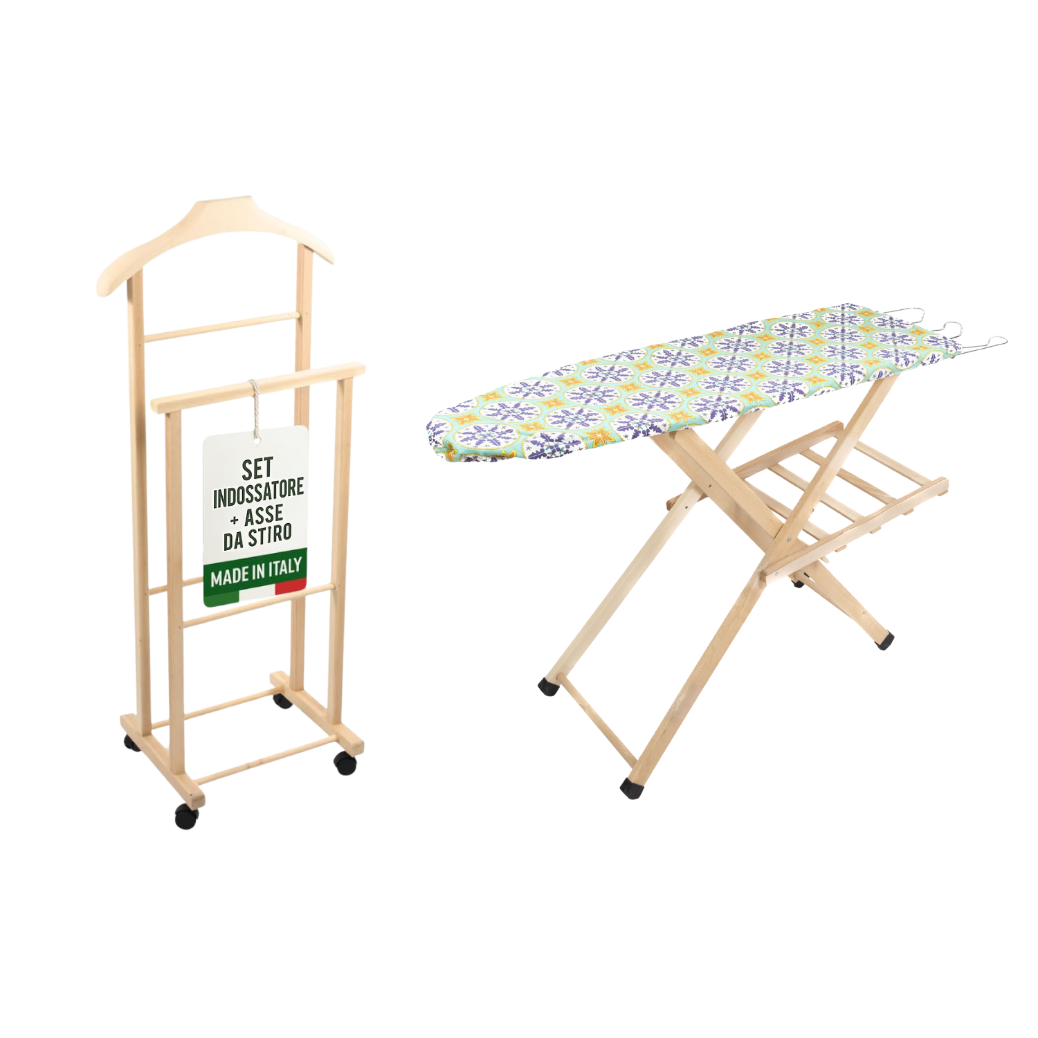 Asse da Stiro Legno Luxury Quality Porta Caldaia Faggio Con Indossatore Appendiabiti Legno Naturale Salvaspazio Vestiti Rotelle Servo Muto Antiscivolo Stabile