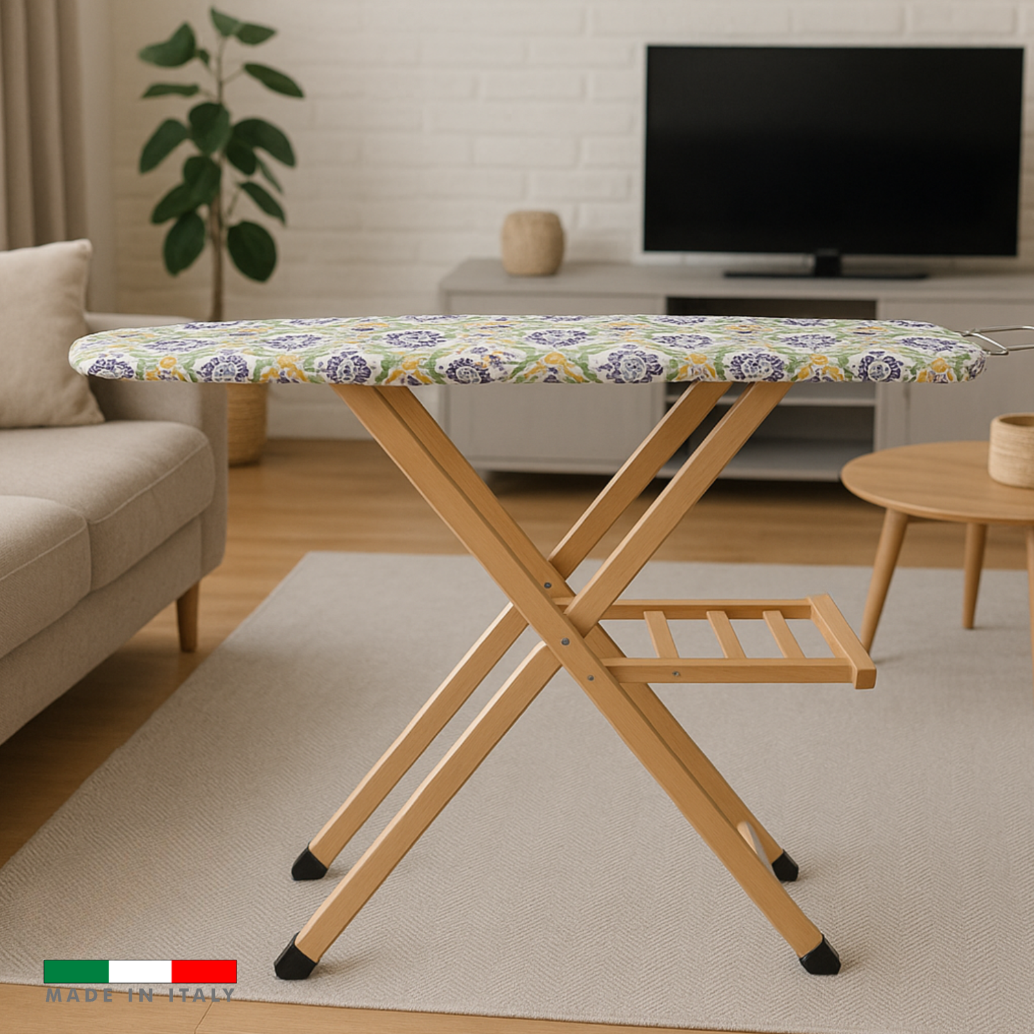 Asse da Stiro Legno Luxury Quality Porta Caldaia Faggio Con Indossatore Appendiabiti Legno Naturale Salvaspazio Vestiti Rotelle Servo Muto Antiscivolo Stabile