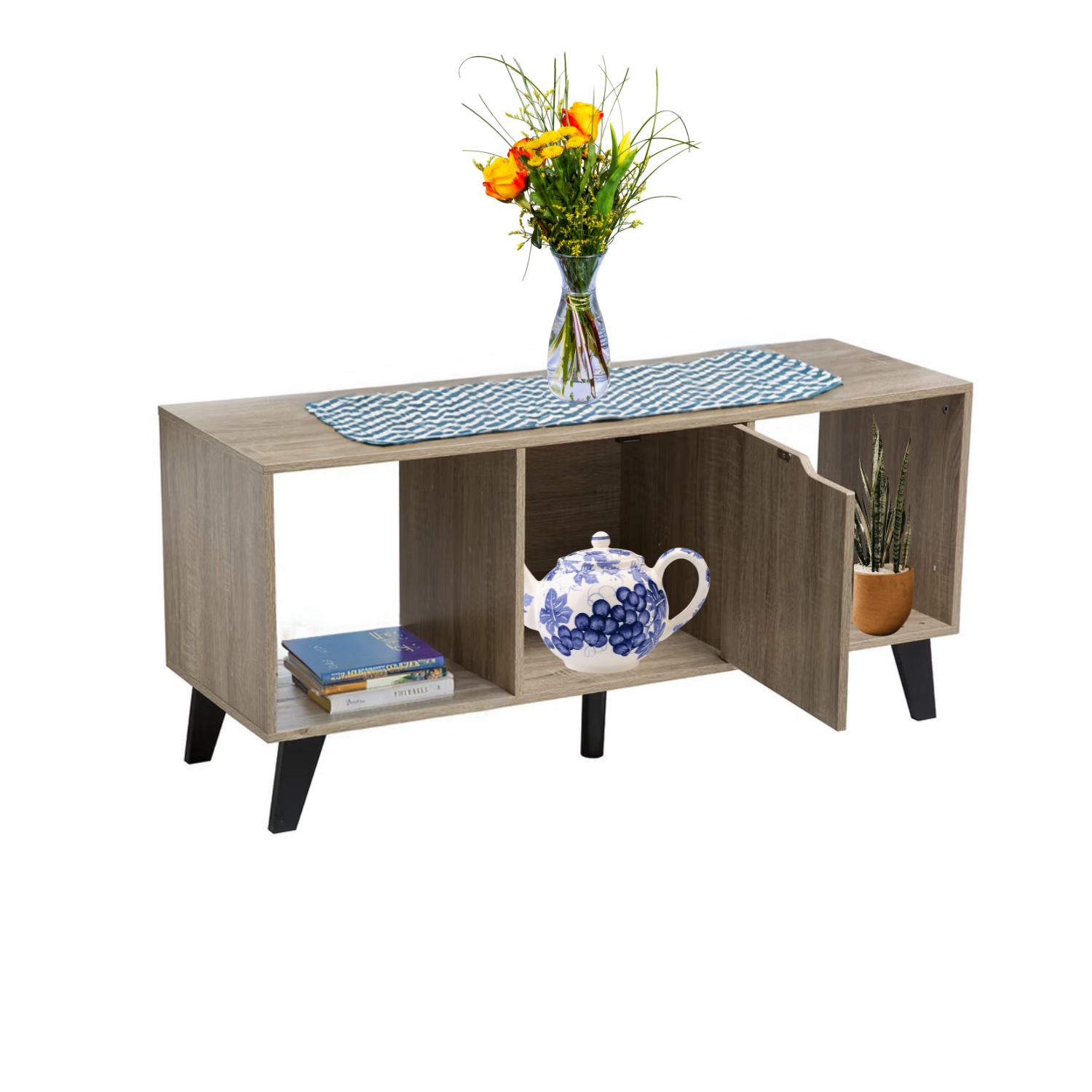 Mobile TV Soggiorno Legno Rovere Tavolino Porta Tv 3 Ripiani Aperti Piedi Antiscivolo Resistente 101 x 32 x 47 cm Camera Letto Salotto