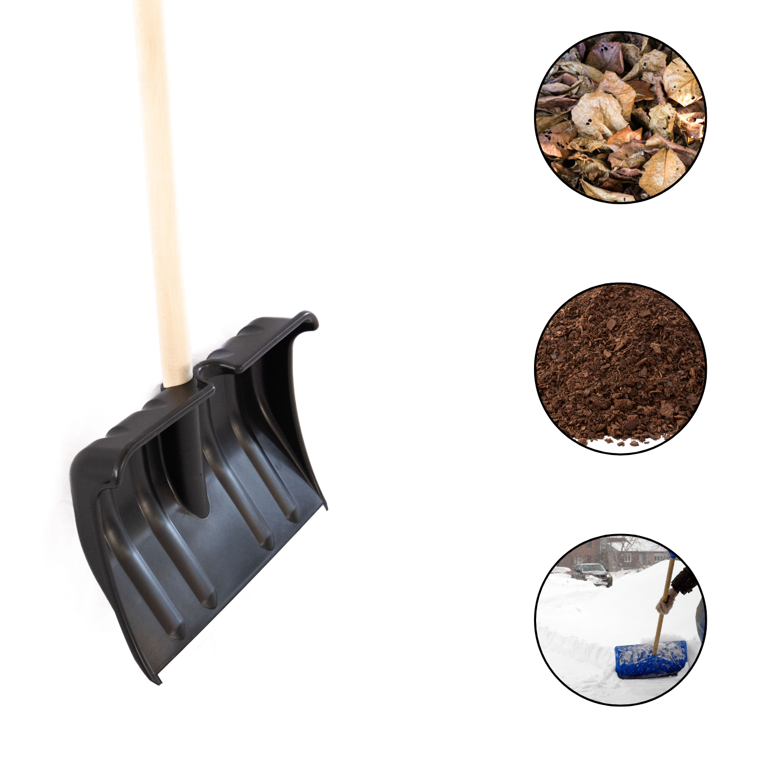 Pala da Neve Nera Multifunzione Manico Legno Lama in Plastica Rinforzata Resistente Bordo Metallo Larghezza Lavoro 40 cm Spala Neve Foglie Terreno Giardinaggio