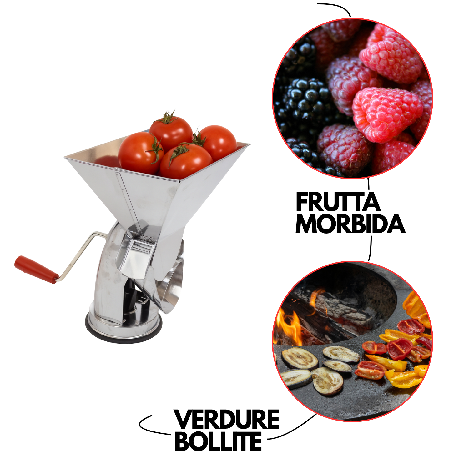 Spremipomodoro Manuale Acciao Inox Made in Italy Filtro Inossidabile Retina Ventosa Antiscivolo Passapomodoro Marmellate Confetture Uso Domestico
