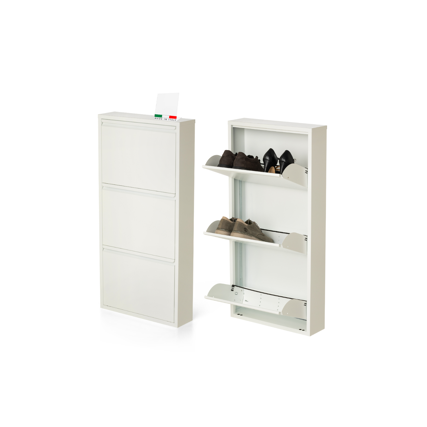 Scarpiera Salvaspazio Slim Set da 2 Metallo 3 Ante Bianca Dimensioni 105 x 50 x 15 cm Ripiani a Ribalta Sincronizzati Porta Scarpe Assemblata Ingresso Camera