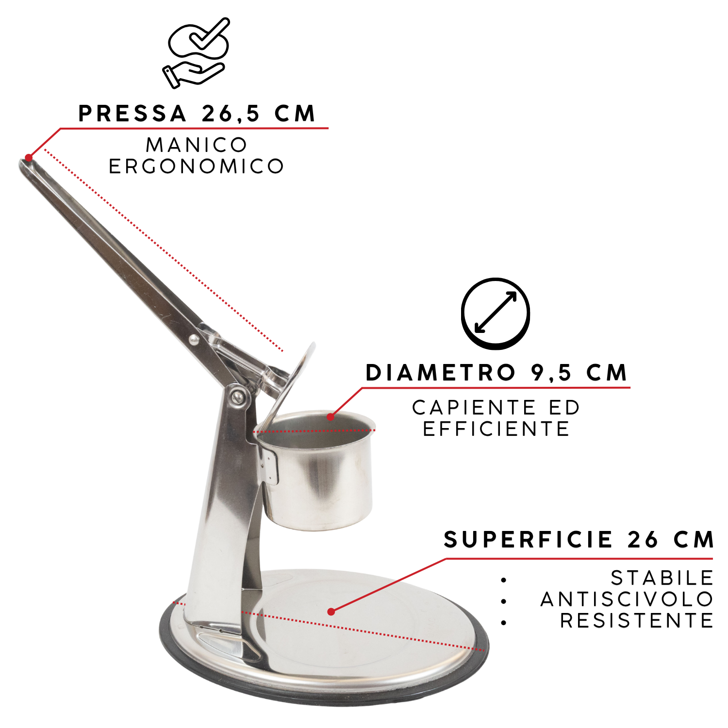 Schiacciapatate Acciaio Inox 18/10 Purè di Patate Made in Italy 2 Filtri Intercambiabili Passapatate Manuale Schiacciapassatelli Lavabile in Lavastoviglie Verdura Frutta Cibo Neonati