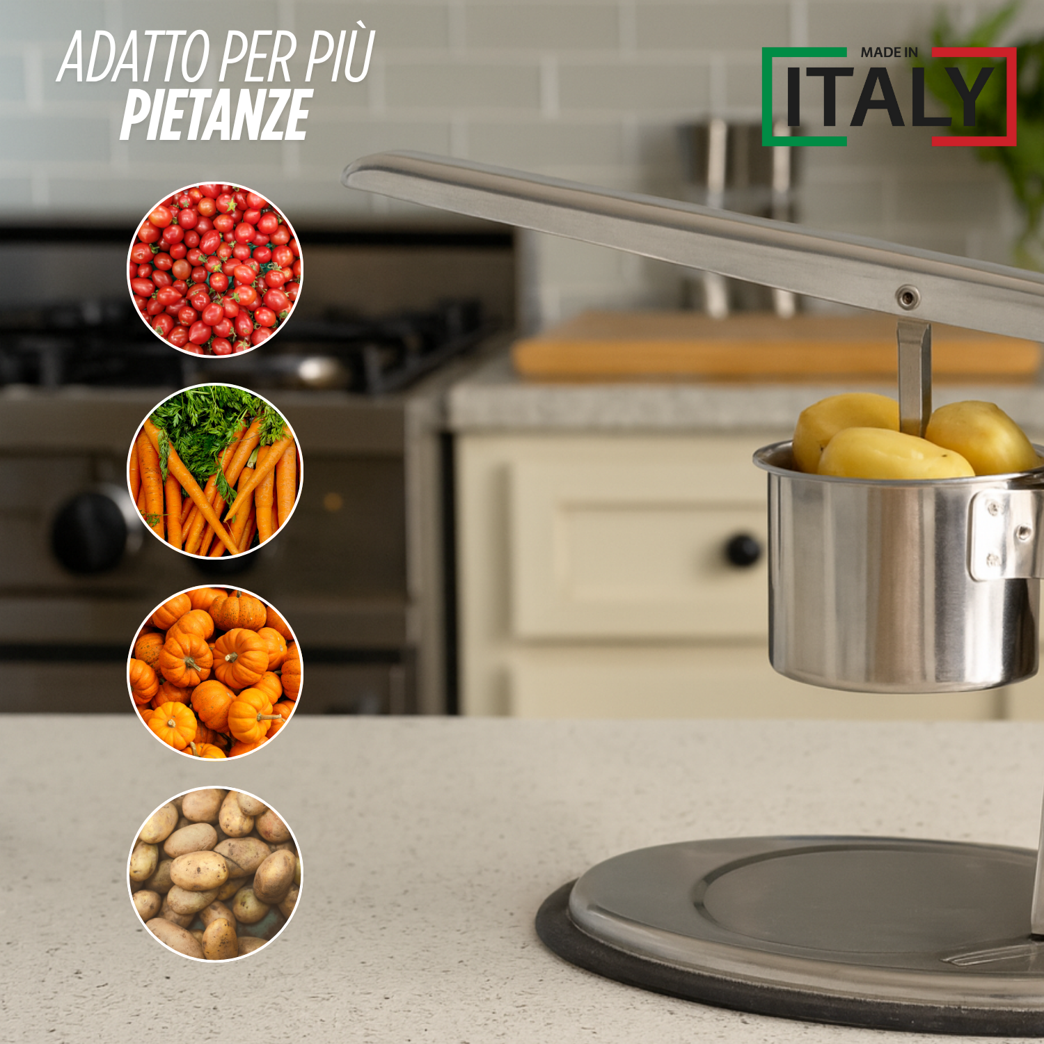 Schiacciapatate Acciaio Inox 18/10 Purè di Patate Made in Italy 2 Filtri Intercambiabili Passapatate Manuale Schiacciapassatelli Lavabile in Lavastoviglie Verdura Frutta Cibo Neonati