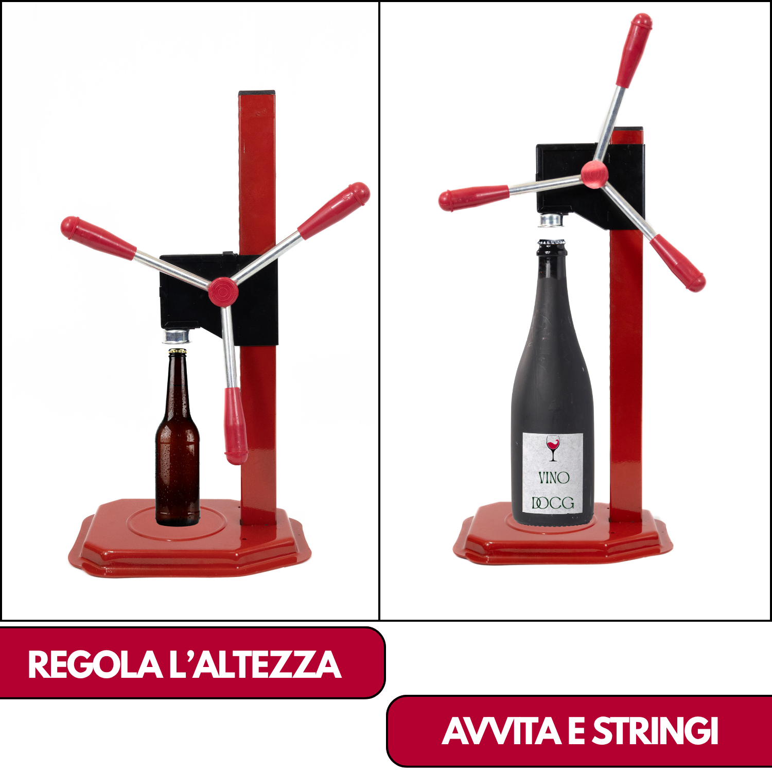 Tappatrice Tappi Corona Made in Italy a Colonna Cremagliera 3 Leve Capsulatrice Manuale Altezza Regolabile Tappo 26 MM Ø Sigillatrice Ermetica Professionale Bottiglie Vino Birra Olio Aceto