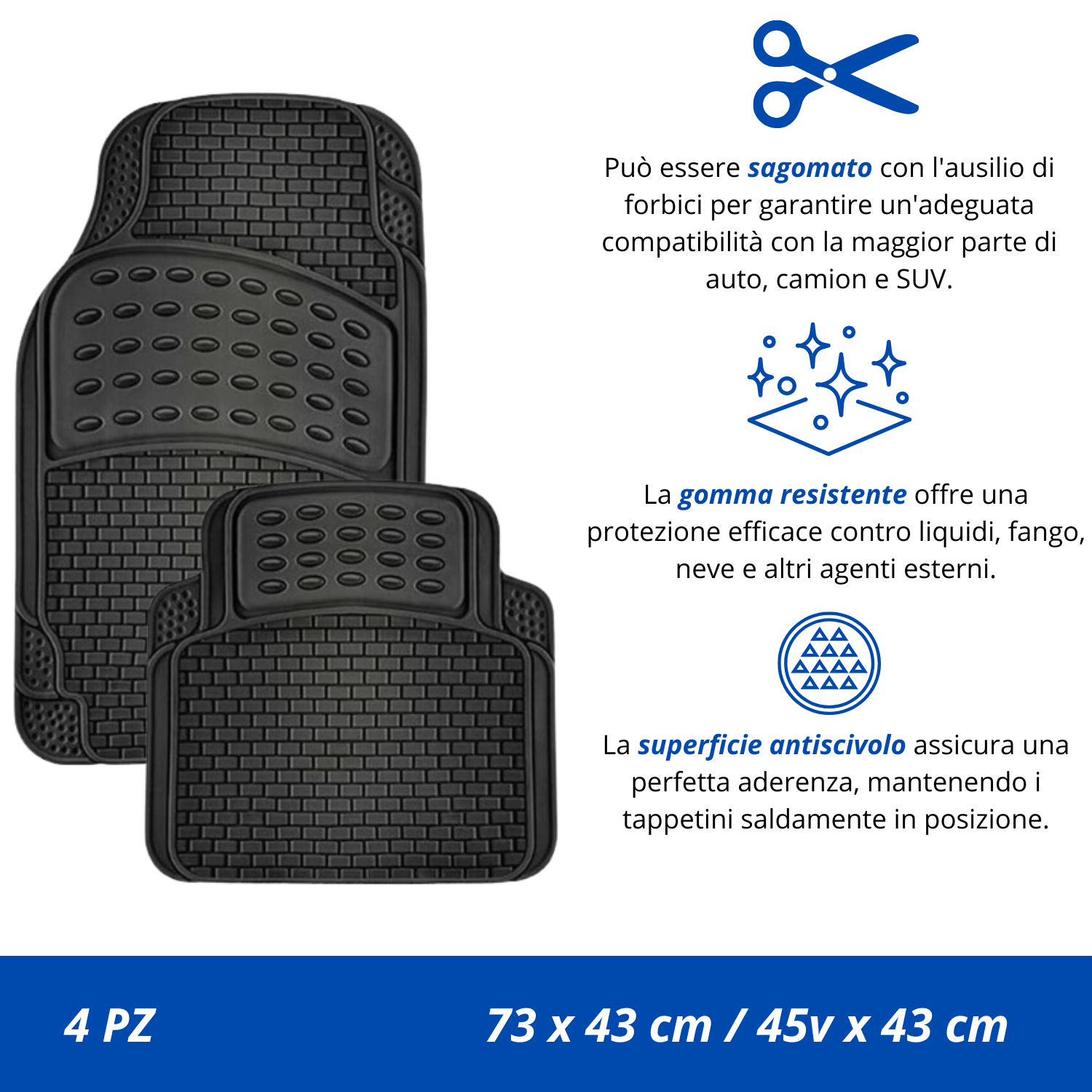 Tappetini Auto Gomma Universali Set 5 Pezzi Abitacolo Bagagliaio Copri Baule Incluso Antiscivolo Sagomabili PVC Plastica Impermeabile Ritagliabile Adattabile