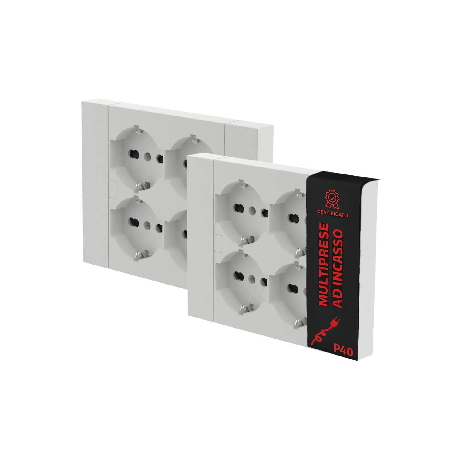 Multipresa da Incasso Quadra 4 Posti Universali P40 Bianca Compatibile Muratura Cartongesso Spine Standard Italiano Tedesca Cablaggio Rapido Presa Multipla Salvaspazio Adattatore