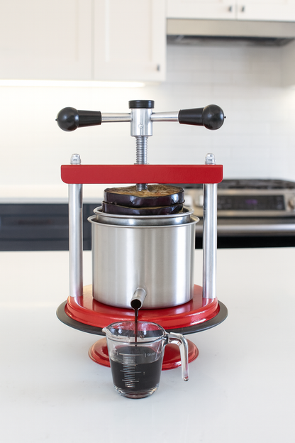 Torchietto Premitutto Acciaio Inox Diametro 12 cm Capacità 2,5 Litri Pressa Manuale Premitura Mirto Vino Liquori Spremute Succhi Frutta Agrumi Alimenti Carne Melanzane Conserve