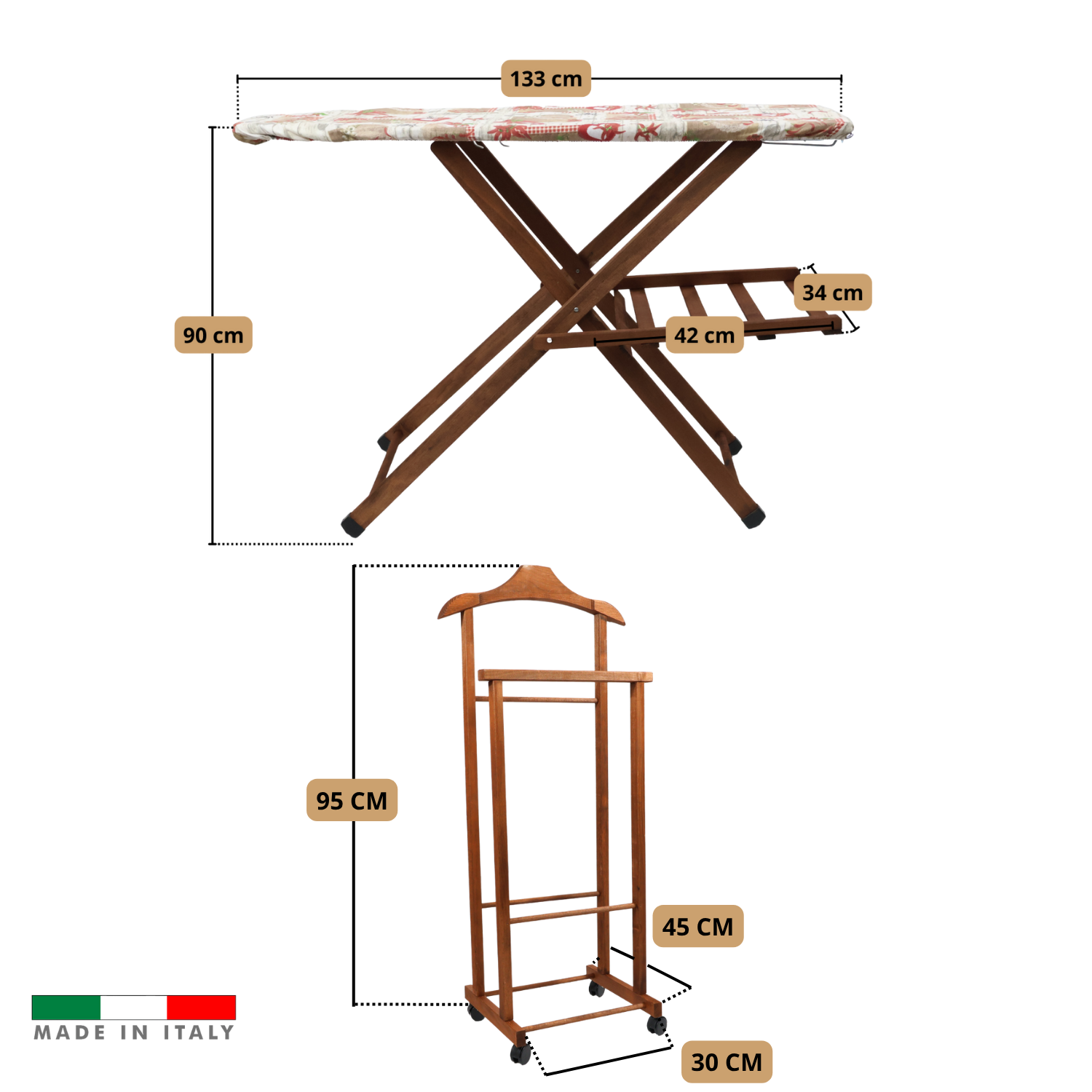 Asse da Stiro Legno Luxury Quality Porta Caldaia Faggio Con Indossatore Appendiabiti Legno Noce Salvaspazio Vestiti Rotelle Servo Muto Antiscivolo Stabile