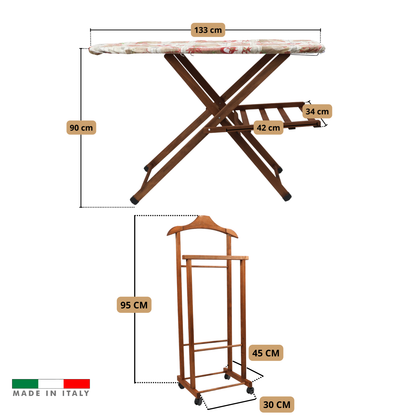 Asse da Stiro Legno Luxury Quality Porta Caldaia Faggio Con Indossatore Appendiabiti Legno Noce Salvaspazio Vestiti Rotelle Servo Muto Antiscivolo Stabile