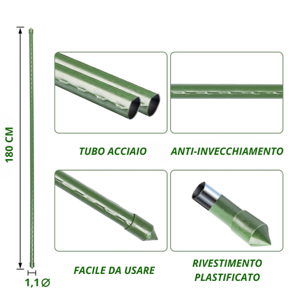 Bastoncini Supporto Piante Rampicanti Cannette Acciaio Plastificato Bastone 1,1 Ø x 180 cm Tutore Verde Giardino Orto Pomodori Melenzane