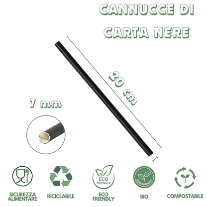 Cannucce Carta Nera Biodegradabili Compostabili Ecologiche Cannuccia Monouso Bastoncini Bevande Bibite Cocktail Caffè Compleanno Feste Casa Bar Ristoranti Eventi