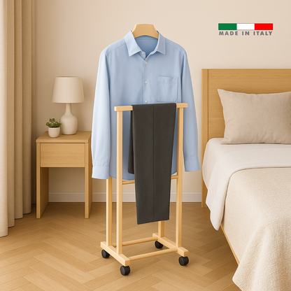 Asse da Stiro Legno Luxury Quality Porta Caldaia Faggio Con Indossatore Appendiabiti Legno Naturale Salvaspazio Vestiti Rotelle Servo Muto Antiscivolo Stabile