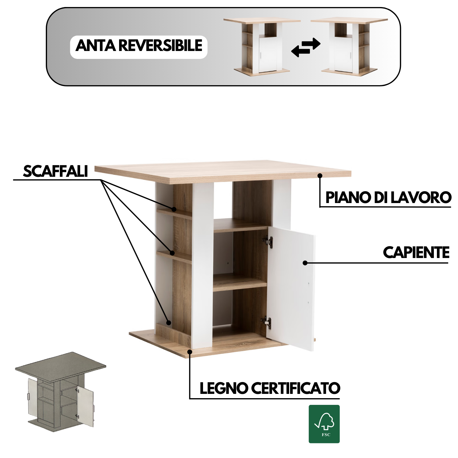 Isola Cucina Piano Lavoro Indipendente Mobile Cucina Credenza Legno Rovere 90 x 80 x 110 cm 2 Ante Cassetti Ripiani Moderno Tavolo Versatile Soggiorno Sala Pranzo