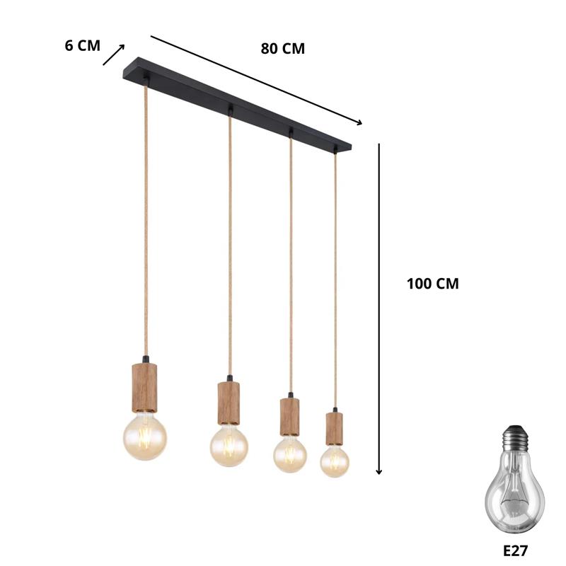 Lampada Sospensione 4 Luci E27 Industriale Legno Vintage Plafoniera Lampadario Soffitto Paralume Ferro Illuminazione Sala Pranzo Soggiorno Camera Letto Ufficio