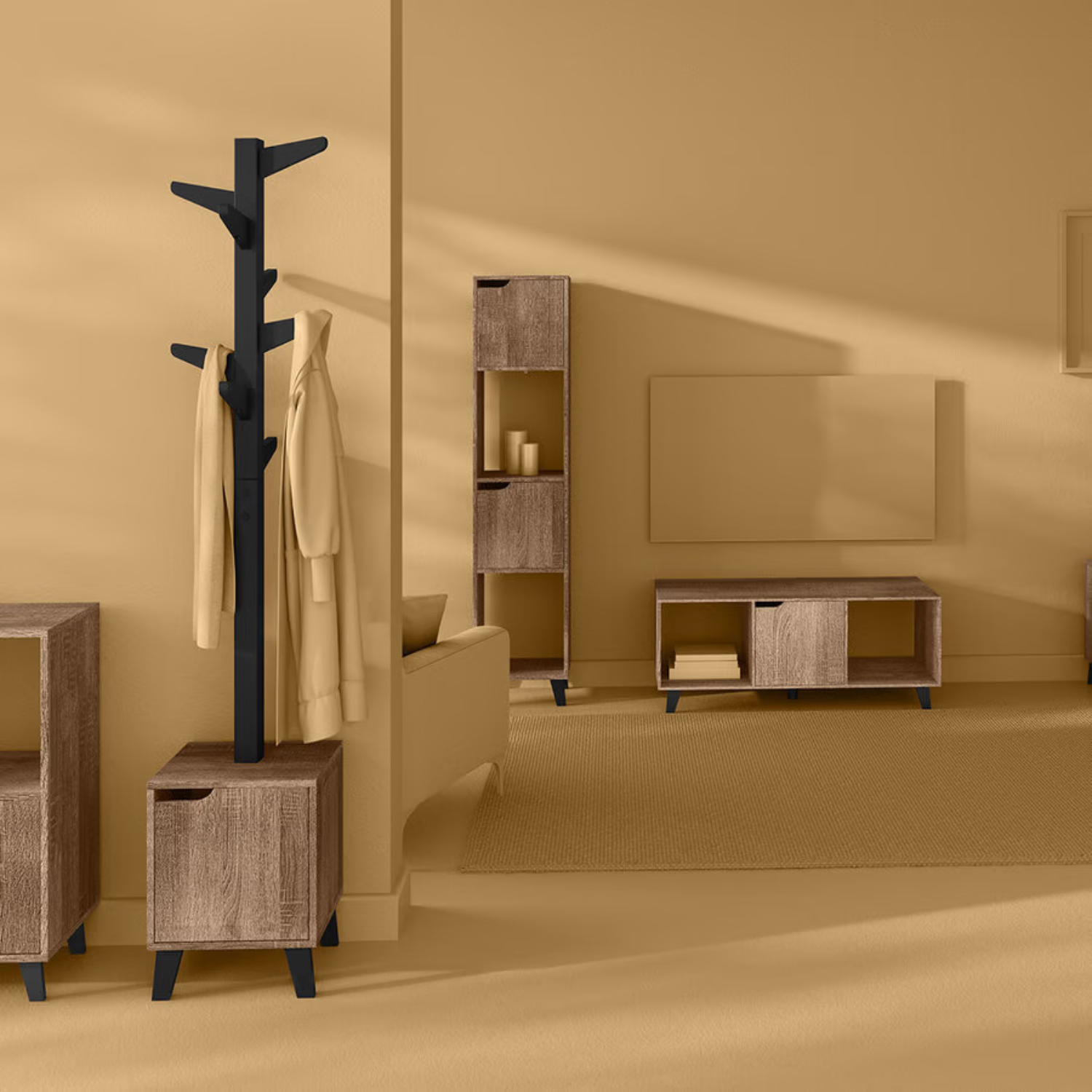 Mobile TV Soggiorno Legno Rovere Tavolino Porta Tv 3 Ripiani Aperti Piedi Antiscivolo Resistente 101 x 32 x 47 cm Camera Letto Salotto