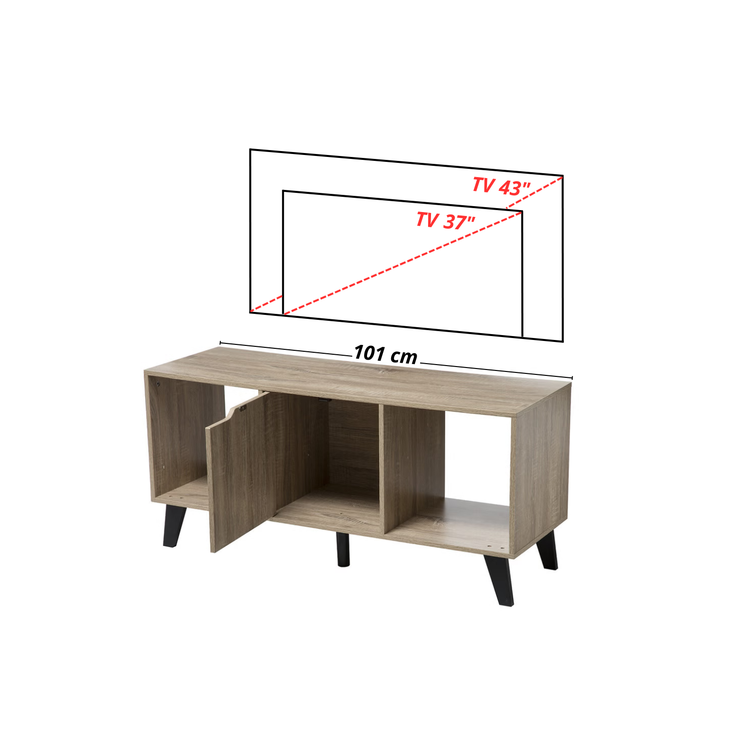 Mobile TV Soggiorno Legno Rovere Tavolino Porta Tv 3 Ripiani Aperti Piedi Antiscivolo Resistente 101 x 32 x 47 cm Camera Letto Salotto