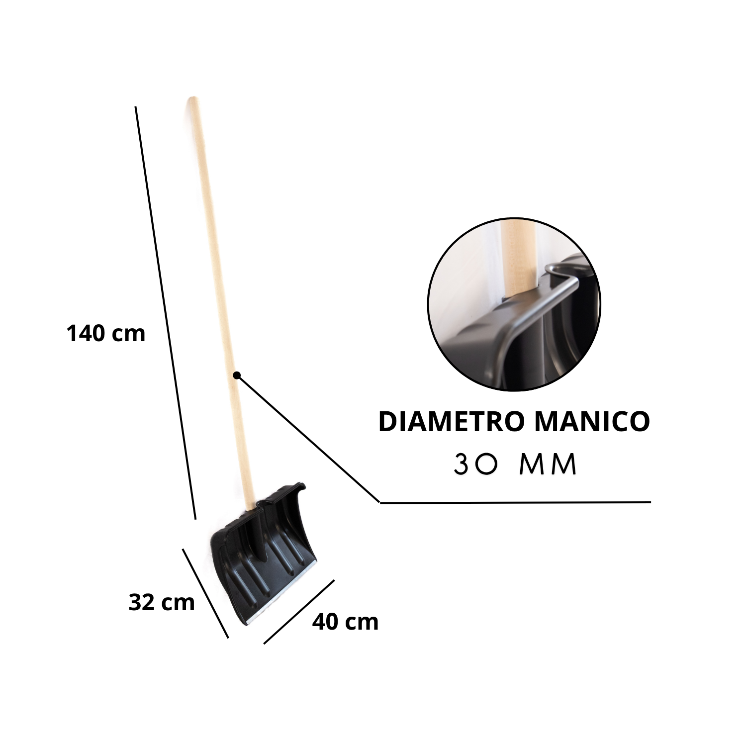Pala da Neve Nera Multifunzione Manico Legno Lama in Plastica Rinforzata Resistente Bordo Metallo Larghezza Lavoro 40 cm Spala Neve Foglie Terreno Giardinaggio
