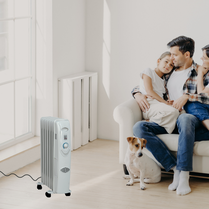 Radiatore Olio Elettrico Basso Consumo Bianco 7 Elementi 3 Livelli Riscaldamento Elettrico Termostato Regolabile Trasportabile 1500 W Protezione Surriscaldamento Casa