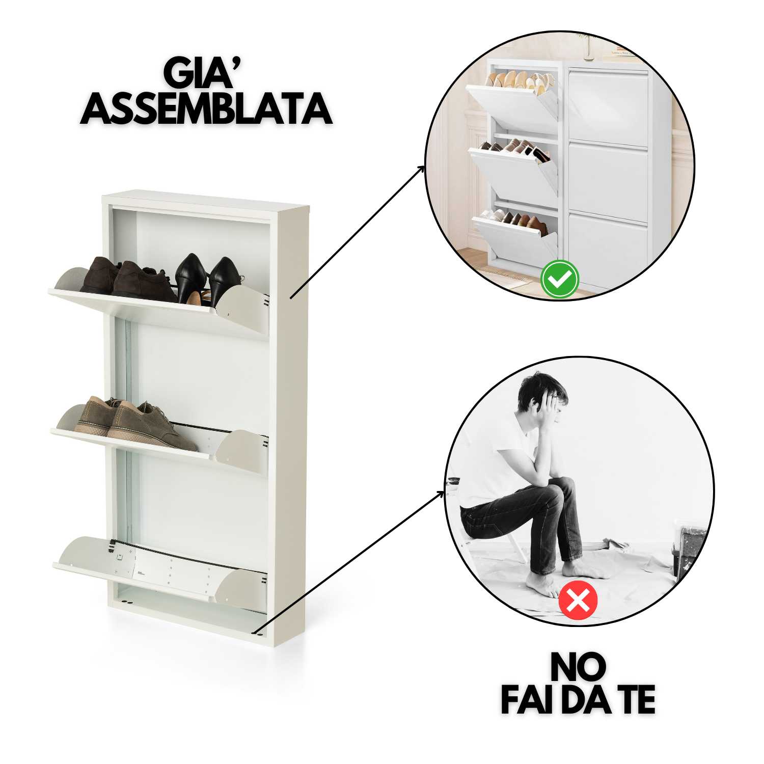Scarpiera Salvaspazio Slim Set da 2 Metallo 3 Ante Bianca Dimensioni 105 x 50 x 15 cm Ripiani a Ribalta Sincronizzati Porta Scarpe Assemblata Ingresso Camera