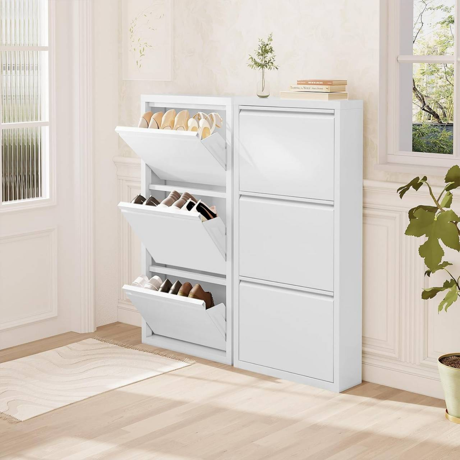 Scarpiera Salvaspazio Slim Set da 2 Metallo 3 Ante Bianca Dimensioni 105 x 50 x 15 cm Ripiani a Ribalta Sincronizzati Porta Scarpe Assemblata Ingresso Camera