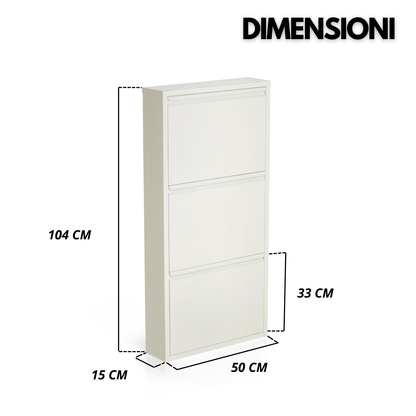 Scarpiera Salvaspazio Slim Set da 2 Metallo 3 Ante Bianca Dimensioni 105 x 50 x 15 cm Ripiani a Ribalta Sincronizzati Porta Scarpe Assemblata Ingresso Camera
