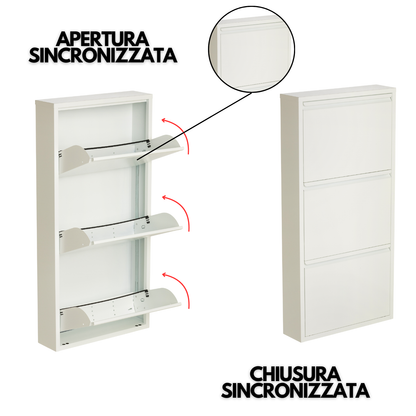 Scarpiera Salvaspazio Slim Set da 3 Metallo 3 Ante Bianca Dimensioni 105 x 50 x 15 cm Ripiani a Ribalta Sincronizzati Porta Scarpe Assemblata Ingresso Camera