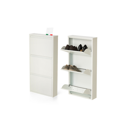 Scarpiera Salvaspazio Slim Set da 2 Metallo 3 Ante Bianca Dimensioni 105 x 50 x 15 cm Ripiani a Ribalta Sincronizzati Porta Scarpe Assemblata Ingresso Camera