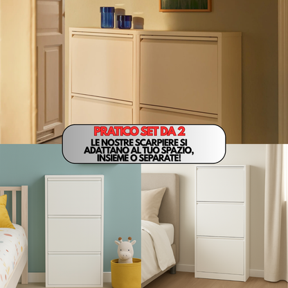 Scarpiera Salvaspazio Slim Set da 2 Metallo 3 Ante Bianca Dimensioni 105 x 50 x 15 cm Ripiani a Ribalta Sincronizzati Porta Scarpe Assemblata Ingresso Camera