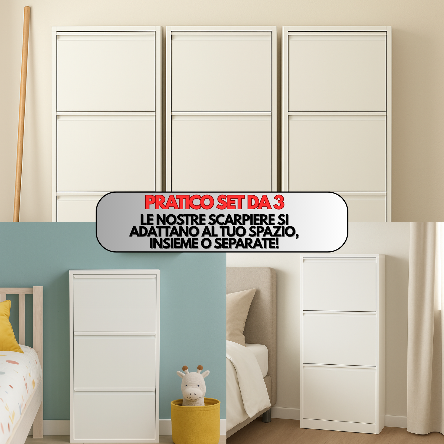 Scarpiera Salvaspazio Slim Set da 3 Metallo 3 Ante Bianca Dimensioni 105 x 50 x 15 cm Ripiani a Ribalta Sincronizzati Porta Scarpe Assemblata Ingresso Camera