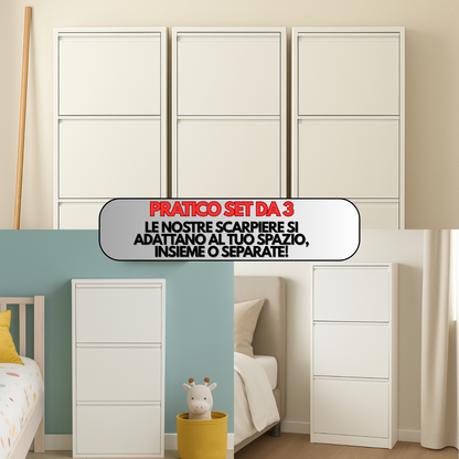 Scarpiera Salvaspazio Slim Set da 3 Metallo 3 Ante Bianca Dimensioni 105 x 50 x 15 cm Ripiani a Ribalta Sincronizzati Porta Scarpe Assemblata Ingresso Camera