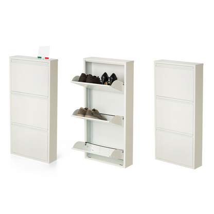 Scarpiera Salvaspazio Slim Set da 3 Metallo 3 Ante Bianca Dimensioni 105 x 50 x 15 cm Ripiani a Ribalta Sincronizzati Porta Scarpe Assemblata Ingresso Camera