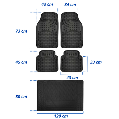 Tappetini Auto Gomma Universali Set 5 Pezzi Abitacolo Bagagliaio Copri Baule Incluso Antiscivolo Sagomabili PVC Plastica Impermeabile Ritagliabile Adattabile