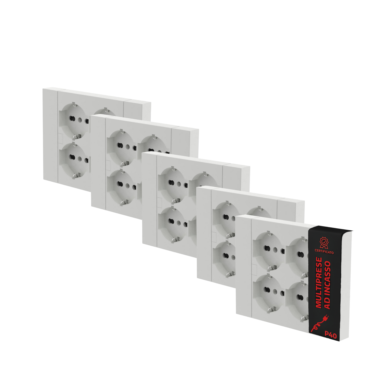 Multipresa da Incasso Quadra 4 Posti Universali P40 Bianca Compatibile Muratura Cartongesso Spine Standard Italiano Tedesca Cablaggio Rapido Presa Multipla Salvaspazio Adattatore